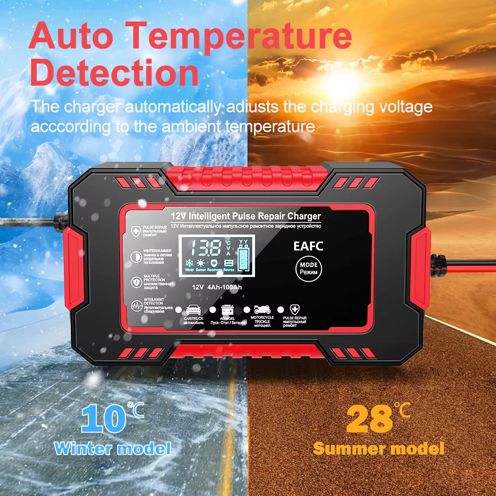 Car Battery Charger 12V 6A Pulse Repair LCD Display Smart Fast Charge AGM Deep Cycle GEL Lead-Acid Charger for Auto Motorcycle