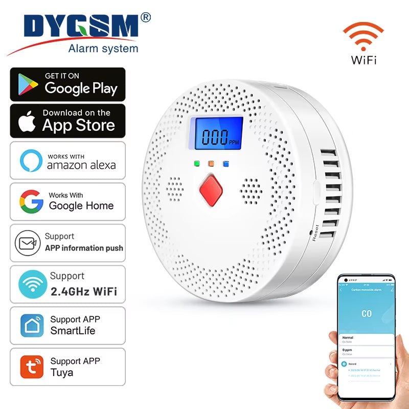 Tuya Wifi Smart Carbon Monoxide Detector Alarm 85Db Sound Warning LCD Digital Display Home Indoor CO Poisoning Siren