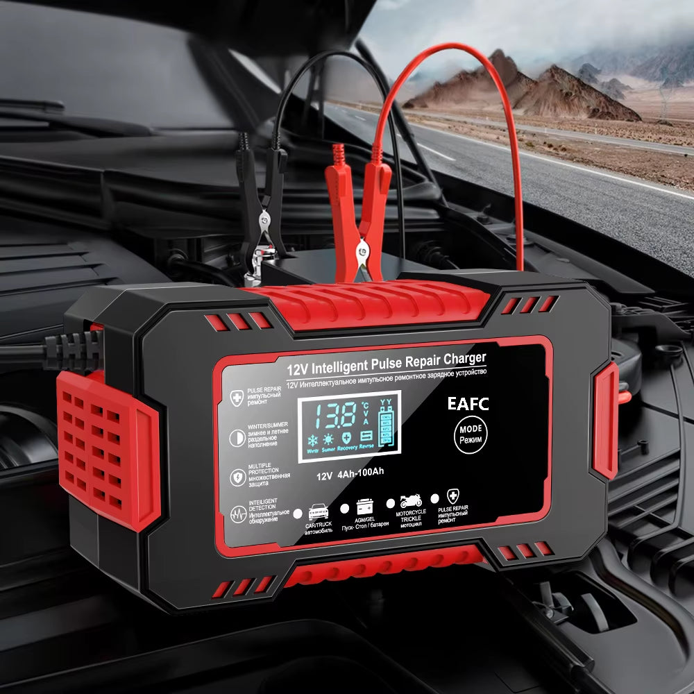 Car Battery Charger 12V 6A Pulse Repair LCD Display Smart Fast Charge AGM Deep Cycle GEL Lead-Acid Charger for Auto Motorcycle