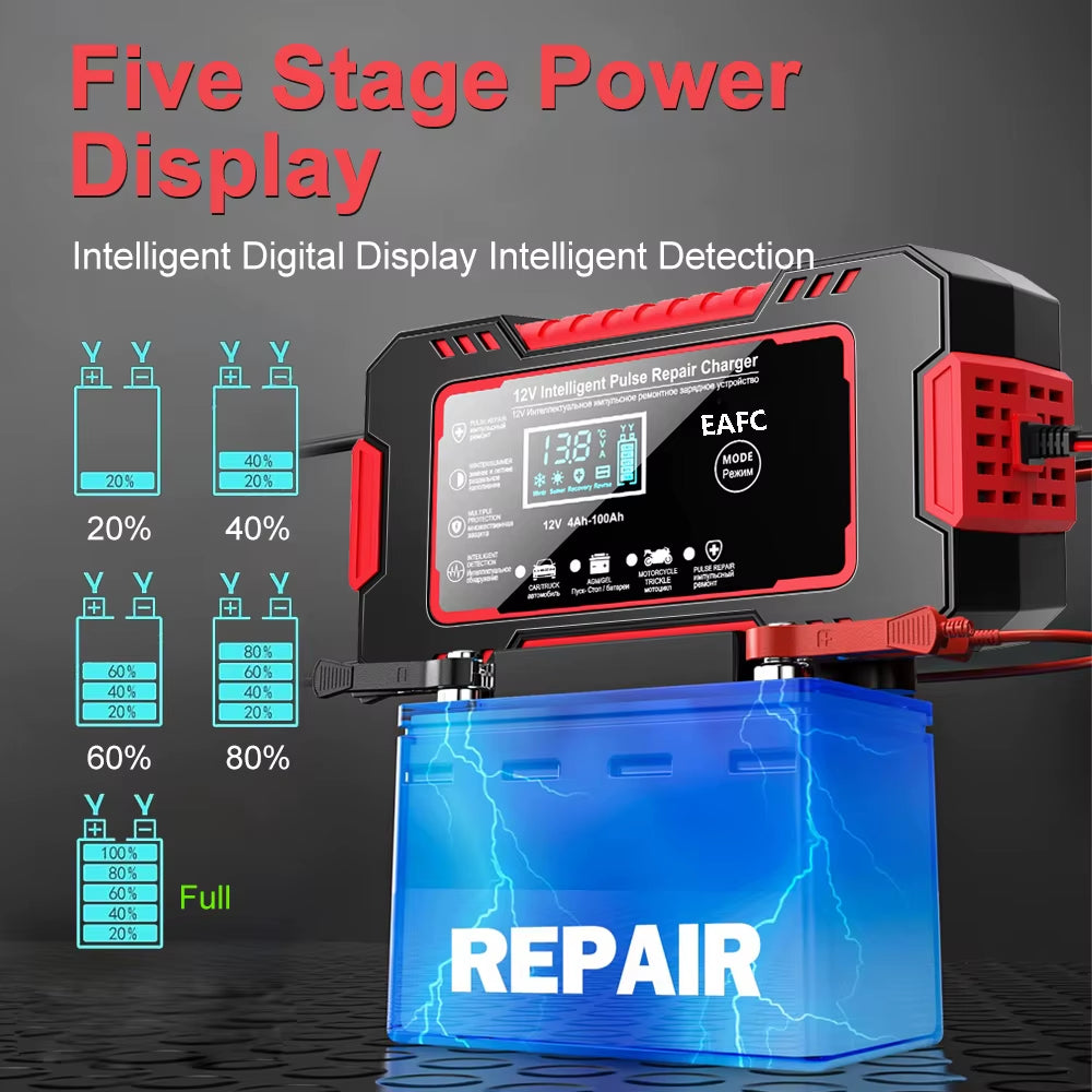 Car Battery Charger 12V 6A Pulse Repair LCD Display Smart Fast Charge AGM Deep Cycle GEL Lead-Acid Charger for Auto Motorcycle