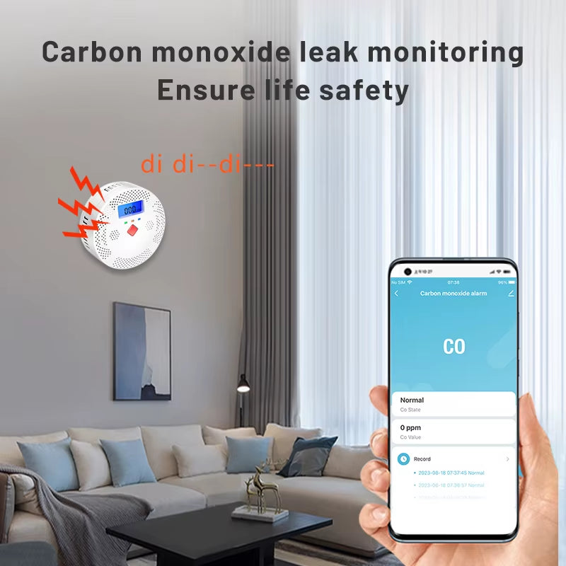 Tuya Wifi Smart Carbon Monoxide Detector Alarm 85Db Sound Warning LCD Digital Display Home Indoor CO Poisoning Siren
