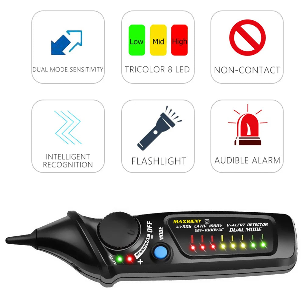 MAXRIENY Non-Contact Voltage Detector Tester AVD06 Socket Wall Outlet Live Test Pen Indicator 12~1000V NCV Continuity Test Meter