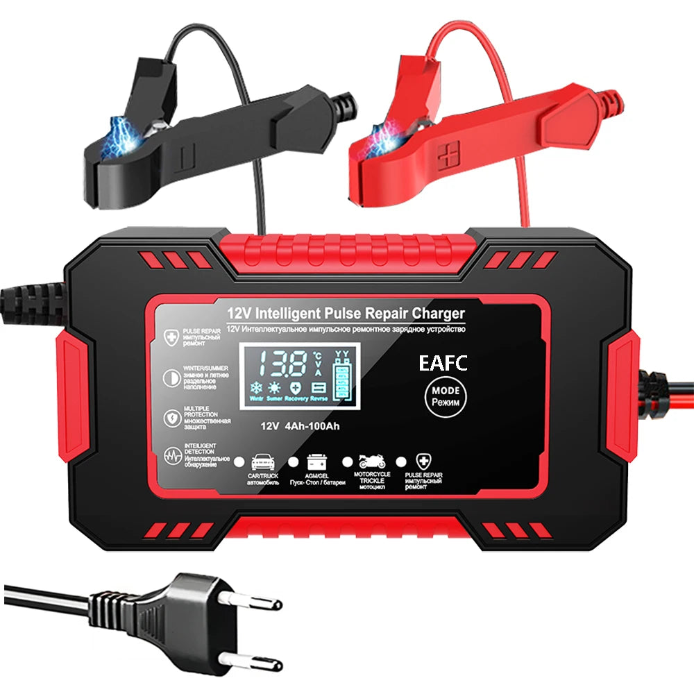 Car Battery Charger 12V 6A Pulse Repair LCD Display Smart Fast Charge AGM Deep Cycle GEL Lead-Acid Charger for Auto Motorcycle