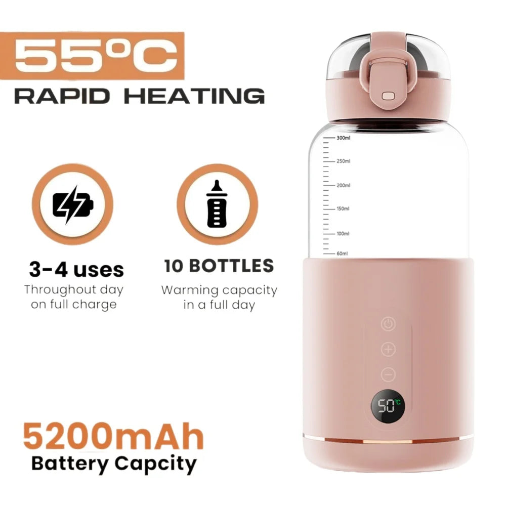 Portable Electric Baby Bottle Warmers USB Charge 37-55℃ Adjustable Rapid Heating Milk Water Wireless Baby Bottle Heater Travel